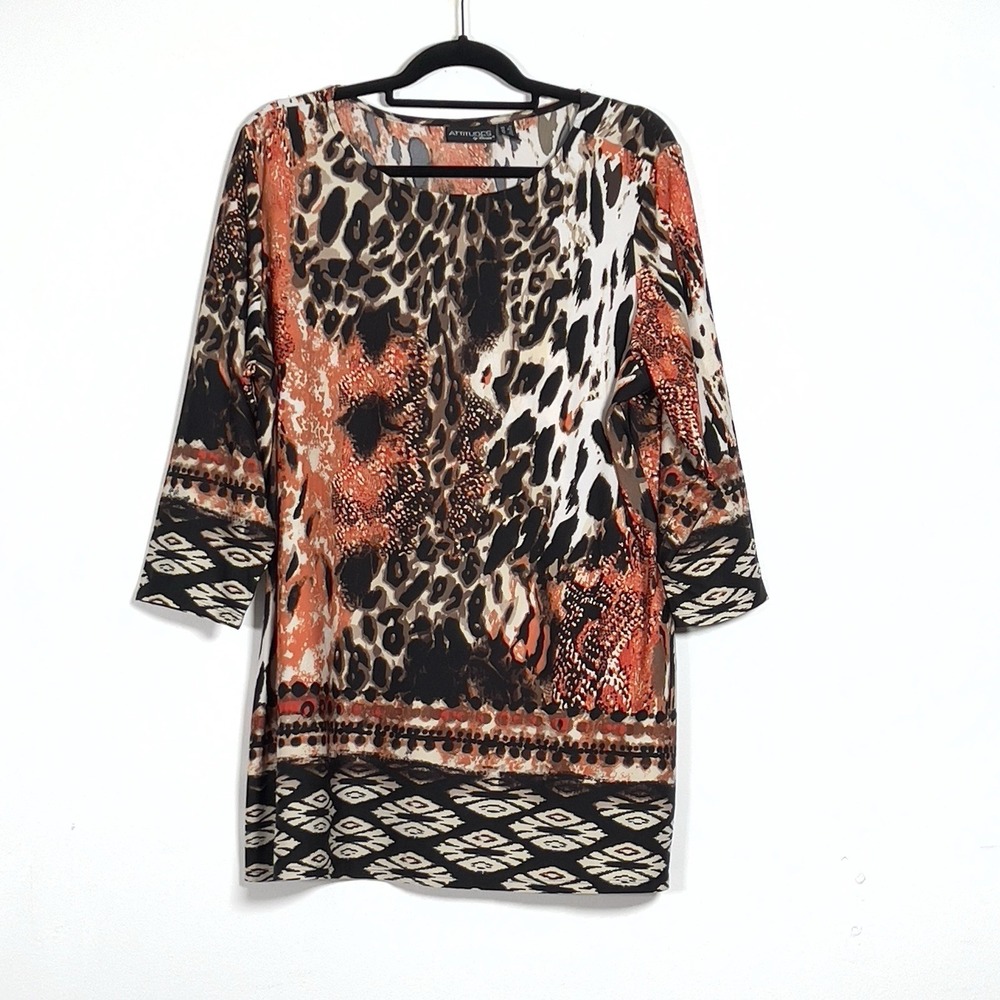 Attitudes by Renee Tunic Top Womens Sz 1X Mixed‎ Leopard Print 3/4 Sleeves